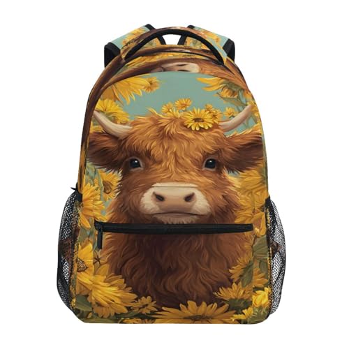 ALAZA Highland Cow Sunflower Large Backpack,Unisex Girls Kids College Bookbags Daypack Bag,Water Resistant Laptop Tablet Children Backpack Travel College Bag