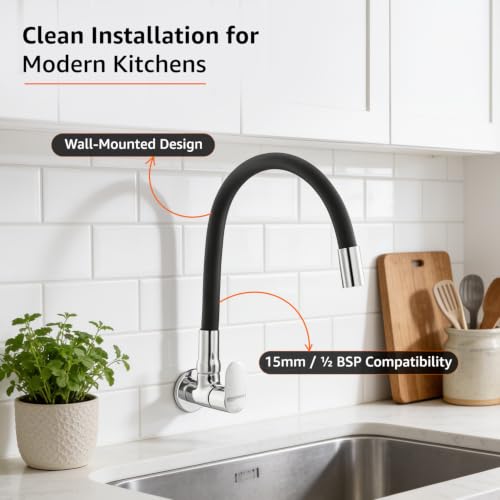 Image of Amazon Basics Flexible Spout Kitchen Faucet | Cold-Only Single Lever Sink Tap with 360 Degree Swivel and Bendable Spout | Kitchen Use | Black and Chrome