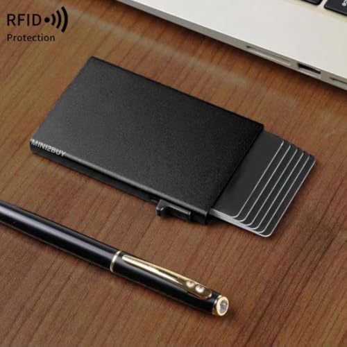 Image of Mini2buy Customized Aluminium Pop-Up Slim Card Wallet with Quick Access Button for Men & Women [Smart 6 Slot Credit /Debit ATM] RFID Blocking, Minimalist Design, Corporate Gift (9 Slot-Black)