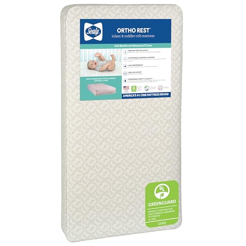 Sealy Baby Ortho Rest Crib & Toddler Mattress – Waterproof, Extra Firm with 150 Coils, GREENGUARD Gold Certified, Orthopedic Support, 52' x 28', Made in USA - Gray