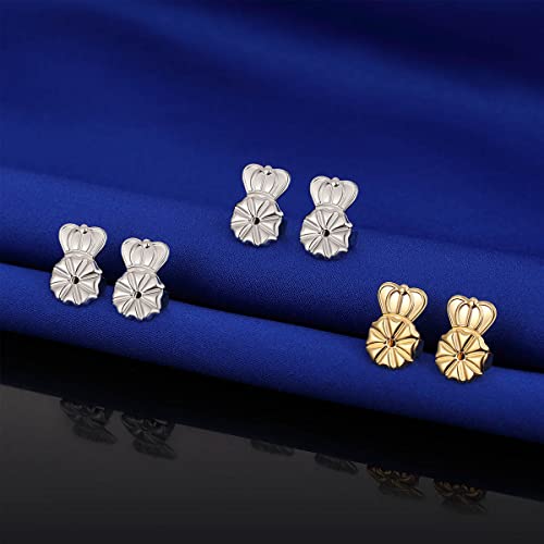 3 Pairs 14K Earring Backs Lifters, 10MM Hypoallergenic for Droopy Ears, Adjustable Crown for Heavy Earrings (2 White + 1 Gold)