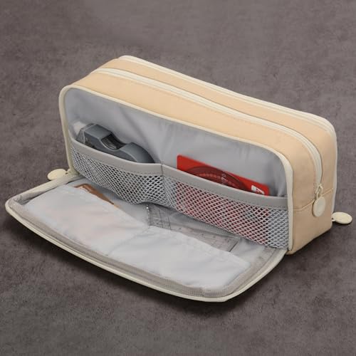 Image of Large Capacity Special Aesthetic Pencil Case Organizer with 3 Compartments, Big Preppy School Pencil Pouch Bag for Girls Women Adults, Pencil Holder Pen Pouch Cases (Khaki)