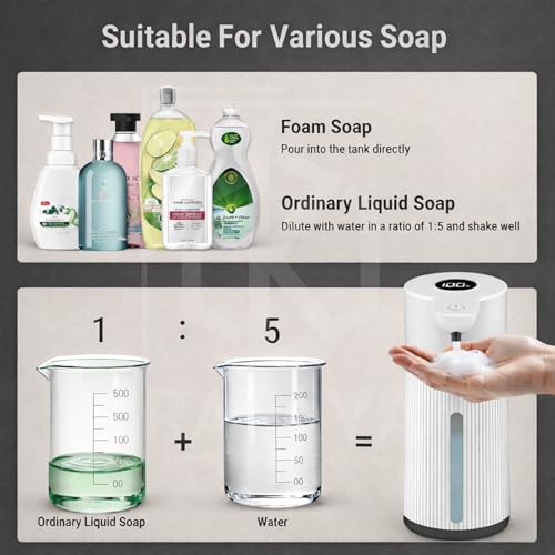 Image of 450ML Automatic Touchless Foam Dispenser, Rechargeable Sensor Foaming Dispenser with Digital Display, 4-Speed Adjustable Foam Control, Electric Auto Dispenser for Bathroom & Kitchen (White)
