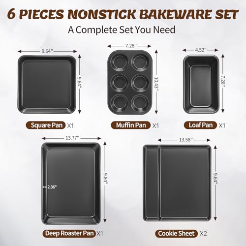 Baking Pans Set, Nonstick Bakeware Sets, Oven Pans for Cooking, AIVIKI 6 Pieces Baking Sheets Set Including Cookie Sheet, Deep Roaster Pan, Square Pan, Loaf Pan, Muffin Pan, Carbon Steel Baking Set