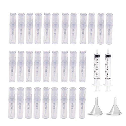 LIGONG 30 PCS 2ML Mini Perfume Clear Bottles Fragrance Atomiser Travel Refillable Spray Bottle with Funnel and Syringe