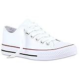 stiefelparadies Modische Damen Schuhe Sneakers Low Freizeit Canvas Schuhe Komfort 118907 Weiss Rotstreifen 38 Flandell