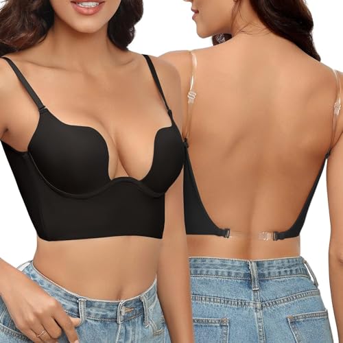 Soutien Gorge Dos Nu Invisible Push Up Deep V Sans Armature - Brassiere Bas en U Transparent - Lingerie Amovible pour Mariage