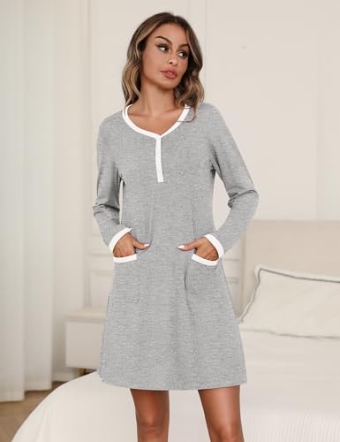 Marvmys Women's 2 Pack Nightgown Long Sleeve Henley Sleepshirt Soft Short Pajama Dress with Pockets2