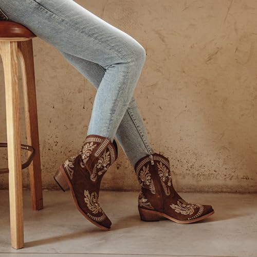 Image of Cusolemore Cowboy Boots for Women, Cowgirl Boots with Sparkly Embroidered Rhinestones, Short Western Ankle Boots for Women with Side Zipper Pull On