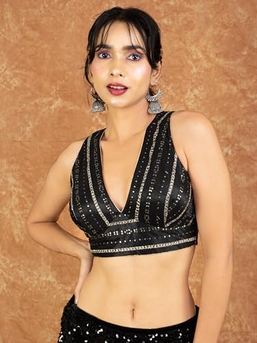 Image of FIGURE'S DESIGNER Women's Sequin Embroidered SabyaSachi Cut V Neck Sleeveless Readymade Saree Blouse E24