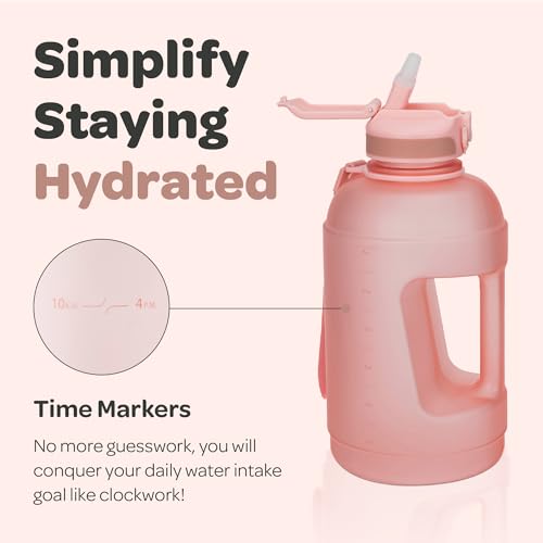 Image of Hydracy Water Bottle Storage Sleeve and Straw- Large Half Gallon 2.3 Litres BPA Free Motivational Time Marker -Leak Proof Gym -Ideal Fitness or Sports & s, Rose Gold Straw 78oz, 2.3L