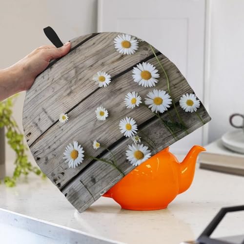 Image of Tea Pot Cosy Creative Tea Pot Cozies Large Teapot Cover Insulating Keep Tea Warm Teapot Warmer Ideal Gift for Mom Wife Friends, 12.9 X 10.4 Inches, Daisy Rustic Wood Grain