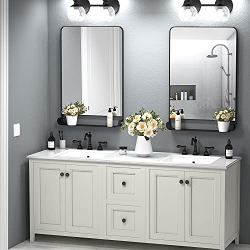 Black Farmhouse Bathroom Mirror With Shelf Vanity Mirror, 24" X 36" Rectangle Metal Rounded Wall Mirror For Bathroom Living Room,Entryway #TOP6