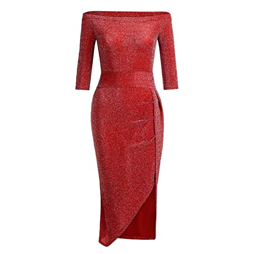 YRASILAND Vestido de punto para mujer, de invierno, largo, con bolsillo, cuello abierto, brillante, vestido de cena rojo, vestido de fiesta, vestido de invierno, sexy, negro, rojo, XXL