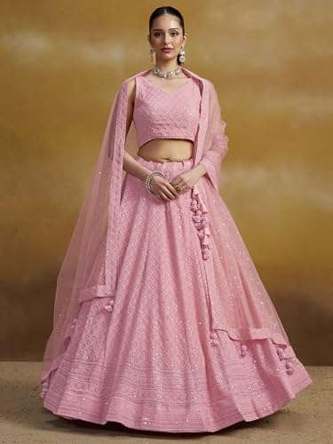 Image of Zeel Clothing Women's Sequins Thread Embroidered Georgette Lehenga Choli With Dupatta (5124-Women-Lehenga-Choli-New; Free size)