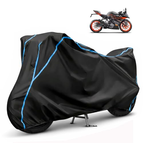 Image of Compatible with KTM RC 200 Waterproof Two Wheeler Bike Body Cover Water Resistant, Heavy Duty, UV Rays, Dust & Scratch Protection for All-Modal & Variants (Black,Sky Blue Piping)
