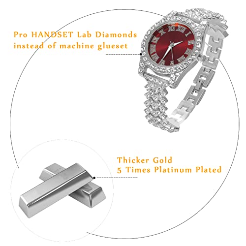 Image of Halukakah Diamonds Gold Watch Iced Out, Kid's 18K Real Gold /Platinum White Gold Plated 36MM Width Green /Blue /Red Dial Quartz Wristband 8 inch with Cuban Link Chain 7 inch+16 inch Bracelet, Free Giftbox