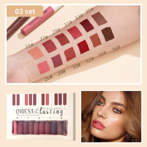 QiBest 12Pcs Velvet Matte Liquid Lipstick Makeup Sets for Women & Teens Gift, Waterproof Long Wear 24 Hours Nudes Burgundy Red Brown Lip Stain Kits, Non-Stick Cup Mate 24 Horas Lip Gloss Holiday Set