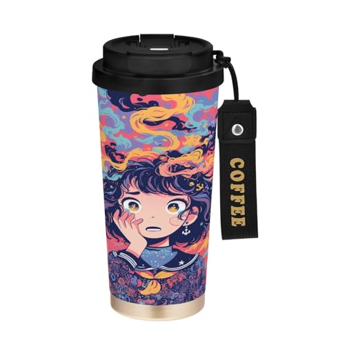 Anxious Girl - Vaso de viaje para café borgoña con tapa, acero inoxidable, aislado, para bebidas calientes y frías, a prueba de fugas, 481.9 g