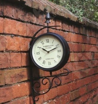Train station Victorian style rotating metal garden clock & wall bracket clock - Features a double sided rotating face.