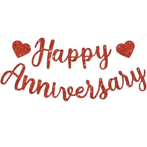 BEISHIDA Glitter Red Happy Anniversary Banner Pre-Strung Happy Anniversary Banner NO DIY - Happy Anniversary Garland Happy Anniversary Sign for Anniversary Wedding Valentines Day Party Decorations