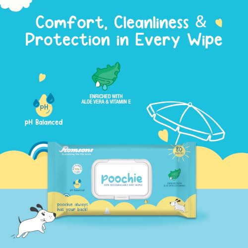 Image of Dignity Poochie 100% Biodegradable Baby Wipes Enriched with Aloe Vera and Vitamin E, 150 x 200 mm (Pack of 1) 80 Wipes