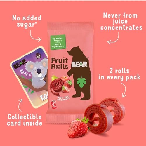 BEAR Real Fruit Snack Rolls - Gluten Free, Vegan and GMO Free - Strawberry - Healthy School and Lunch Snacks for Kids and Adults, 0.7oz (Pack of 18)