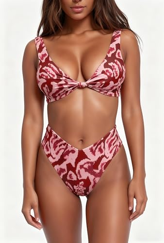 Image of geluboao Bikini Set for Women Solid V Neck Knot Front Push Up High Leg Thong Two Piece Swimsuit