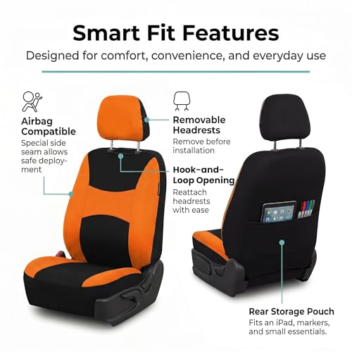 Image of FH Group Front Set Cloth Car Seat Covers for Low Back Car Seats with Removable Headrest, Universal Fit, Airbag Compatible, Seat Cover for SUV, Sedan, Van, Orange