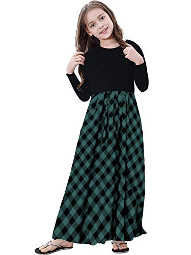 Image of KYMIDY Girl Maxi Dress Kids Casual Buffalo Check Plaid Long Sleeve Dresses with Pockets(6-14yrs)