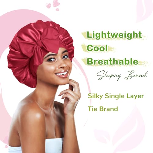 Image of BONNET QUEEN Silk Bonnet for Sleeping Satin Bonnet Women Hair Wrap Night Sleep Cap Scarf Wrap for Curly Hair with Tie Band Red Burgundy