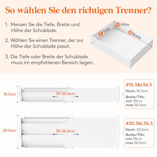 Lifewit 4 Stück Schubladentrenner, Verstellbar Schubladen Trenner für Innenlänge 35-55cm & Höhe>10,5cm, Schubladen Organizer Schubladenteiler für Kleiderschrank Wickelkommode Büro Küche, Weiß