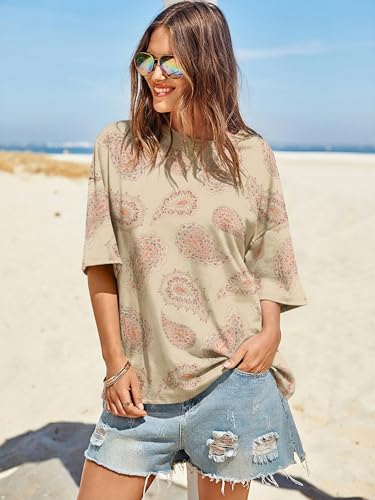 Image of Tankaneo Womens Oversized Tshirts Summer Casual Short Sleeve Crew Neck T Shirt Loose Fit Side Slit Tee Tops