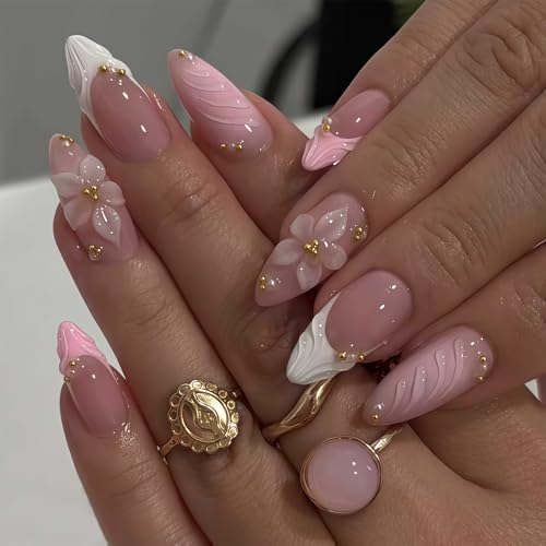 Auroriel 24 pièces ongles pressés moyen amande French tip rose perles dorées paillettes fleurs 3D gel faux ongles réutilisables set manucure