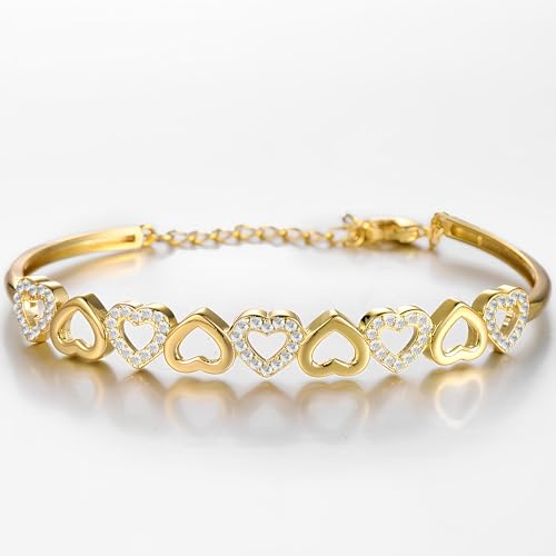 Amy and Annette 14K Gold Plated Hearts Bangle Adjustable Bracelet with Crystals in 14K Gold2