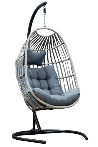 SH&G Hanging Egg Chair with Stand & Cushion Set - All-Weather Grey Rattan Garden Swing Chair - Weather Resistant Steel Frame - Indoor & Outdoor