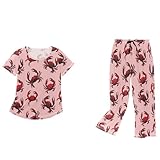 Peystean Women's Lazy 2 Pcs Pajamas Set,Fashion Red Crabs Floral Pink Ladies Loungewear Set Short Sleeve Blouses Tops and Drawstring Capri Pants Daily Pjs Adult Home Cloth M