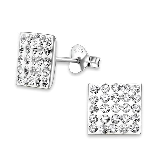 Image of 8MM Bling MENS Square Micro Pave Austrian Crystal Sterling Silver Stud Earrings – White/Clear - Beckham Style