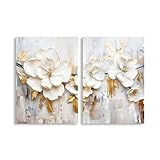 ADM - 'Paar weiße und goldene Blumen' - Dekorativer Druck auf Leinwand - Mehrfarbig - H120 cm