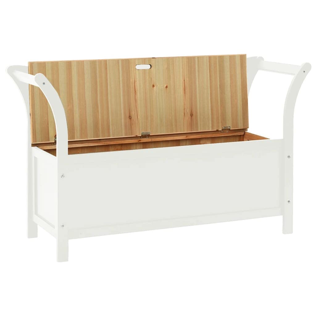 Ławka do siedzenia, biała, 107 x 45 x 75 cm, lite drewno, jodła z oparciem i podłokietnikami, ławka do przedpokoju z miejscem do przechowywania butów i ubrań, stabilny materiał