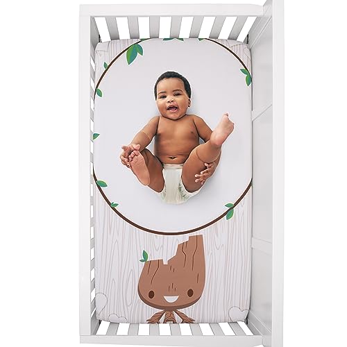 Image of NoJo Marvel Guardians of The Galaxy White, Tan, Blue, and Green, I Am Groot Photo Op Nursery Fitted Crib Sheet