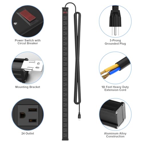 QBA Multitoma de Metal con 24 Salidas, Power Strip Extra Largo con Cable de Extensión de 10FT, Montable, Color Negro miniatura 2