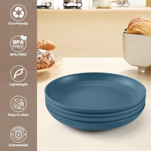 Image of Wheat Straw Dinner Plate Set, Eco-Friendly Dinner Set Round Serving Plate, Dishwasher & Microwave Safe - Perfect for Dinner Dishes Deep Plates Easy to Clean (Dark Blue -4PCS, 23 CM)