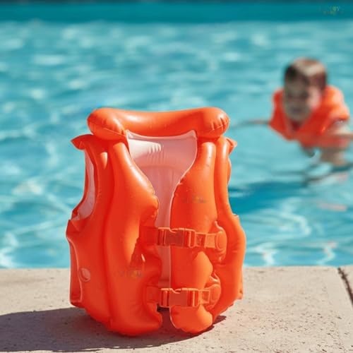 Image of Kids Inflatable Swim Vest 2-8 Years for Boys & Girls | Adjustable Swimming Jacket with Safety Buckles | Lightweight Pool Training Float Jacket for Children (Orange, Middium)
