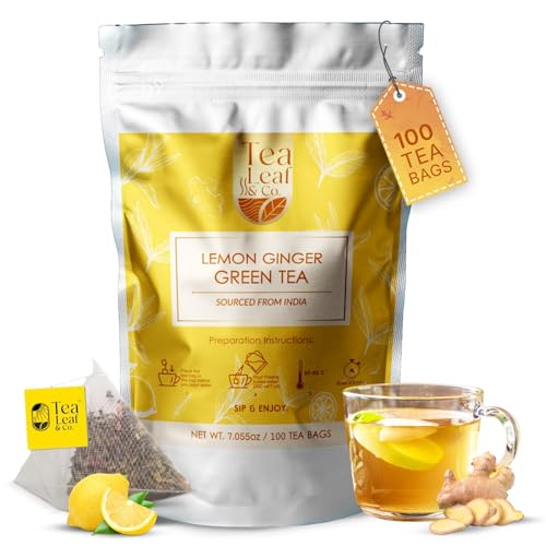Image of Tealeaf & Co. Lemon Ginger Green Tea with Ginger, Lemon Flavor, Orange Peel, Mint & Black Pepper - Organic Green Tea Bags with Fresh Herbs and Spices - Vegan - 100 Teabags (7.055oz /200gm)