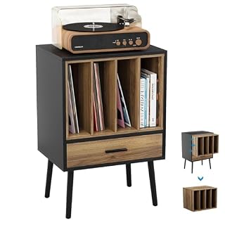 Semiocthome Record Player Stand with Nesting Vinyl Storage Crate, Record Player Table with a Drawer and Solid Wood Legs, Side End Table for Turntables for Living Room Bedroom - Les Beatles, Paul McCartney, John Lennon, RIngo Starr, George Harrison