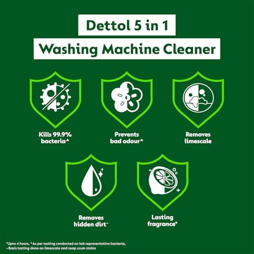 Image of Dettol 5 in 1 Washing Machine Cleaner & Descaling Liquid for top load and front load| Lemon 250ml | Removes Limescale, Dirt and Bad odour | Kills 99.9%* Bacteria | Pack of 4