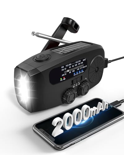 Emergency Hand Crank Radio Emgykit - 2000mAh/7400mWh AM/FM/NOAA Solar Hand Crank Emergency Radio with 3 LED Flashlights, SOS Function for Emergencies, Camping - Black