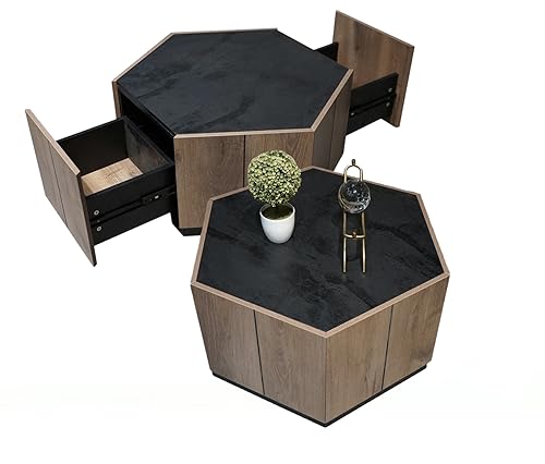 LKTART Hexagonal Rural Style Garden Retro Wood Coffee Table Cocktail Table with 2 Drawers Reception and Living Room Textured Grey Warm Oak Set of 2 LKTART Hexagonal Rural Style Garden Retro Wood Coffee Table Cocktail Table with 2 Drawers Reception and Living Room Textured Grey Warm Oak Set of 2