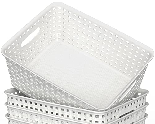 Woven Plastic Storage Baskets, 6 Pack White Weave Bins Organizer, 10.1" x 7.55" x 4.1"